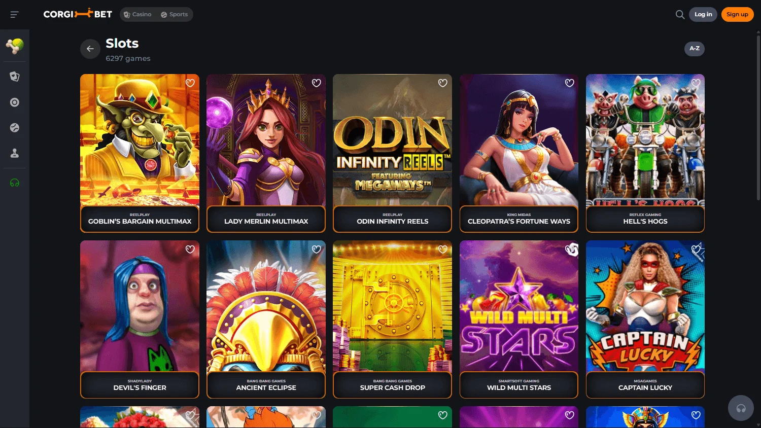 Corgibet Casino desktop games experience with casino, live and sportsbook choices