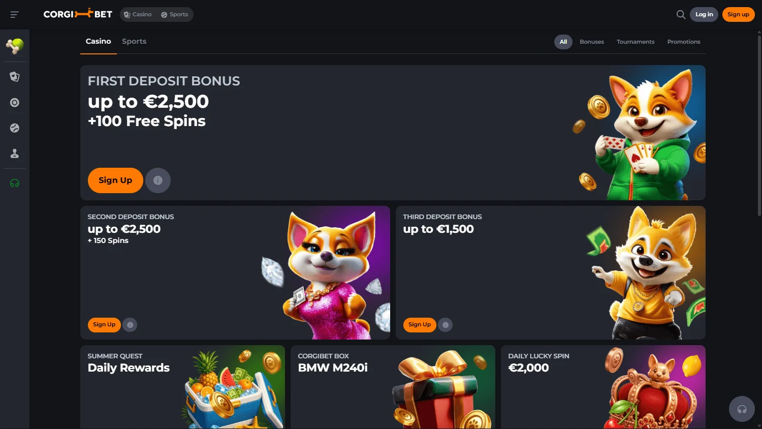 Corgibet Casino desktop promotions experience with bonuses, cashback, VIP and sports boosts