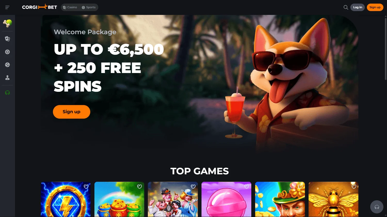 Corgibet Casino home experience on desktop with casino, sportsbook and welcome offer options