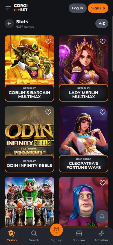 Corgibet Casino mobile games experience with slots, live casino and other game types