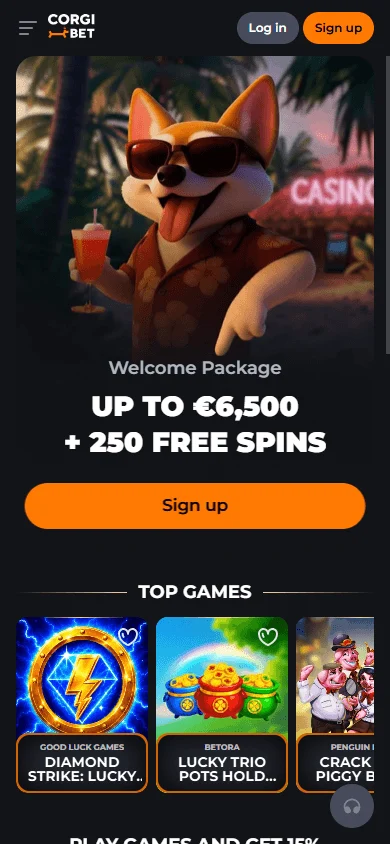 Corgibet Casino mobile home experience with account, casino and cashier access